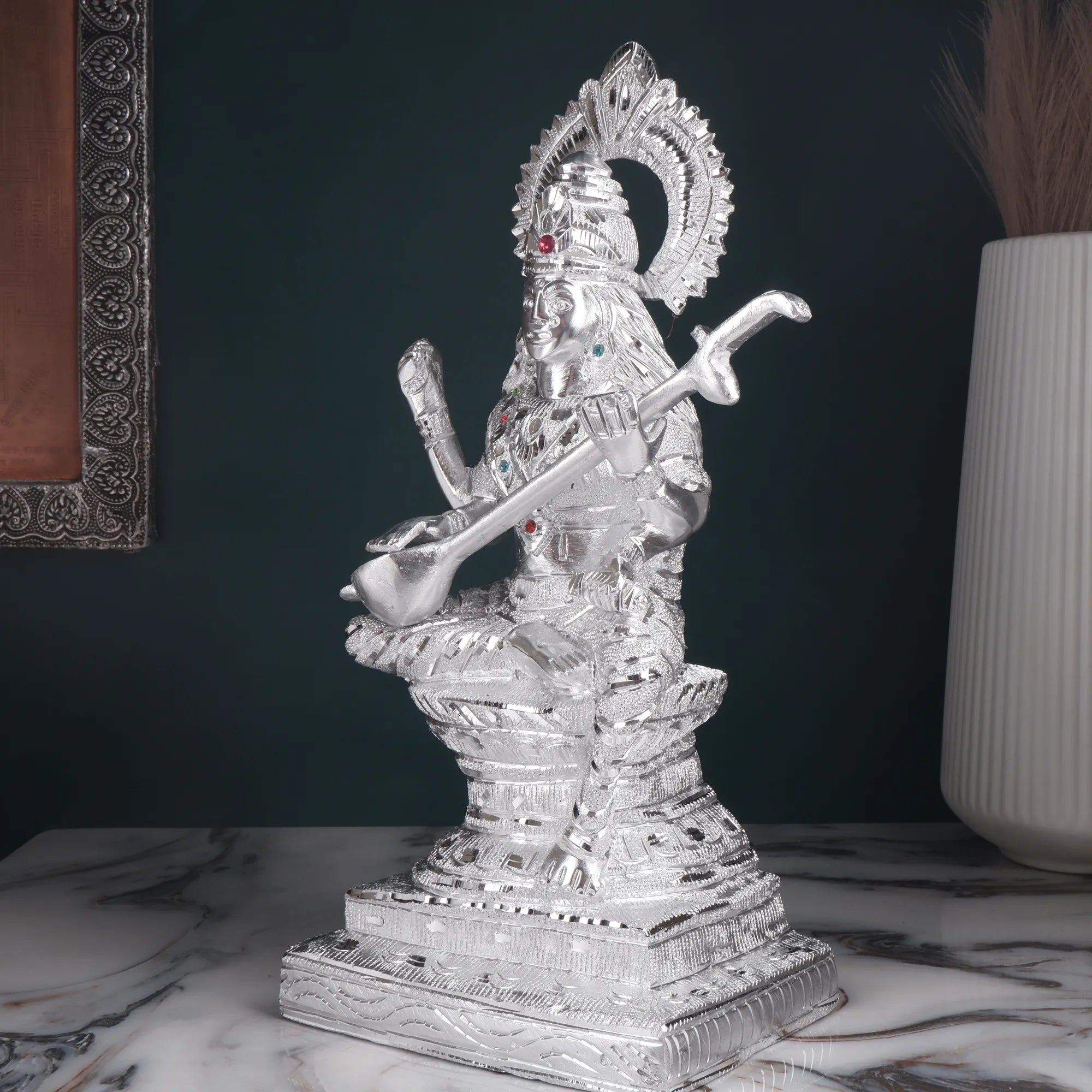 White Metal Saraswati Idol (14.5 Inch)