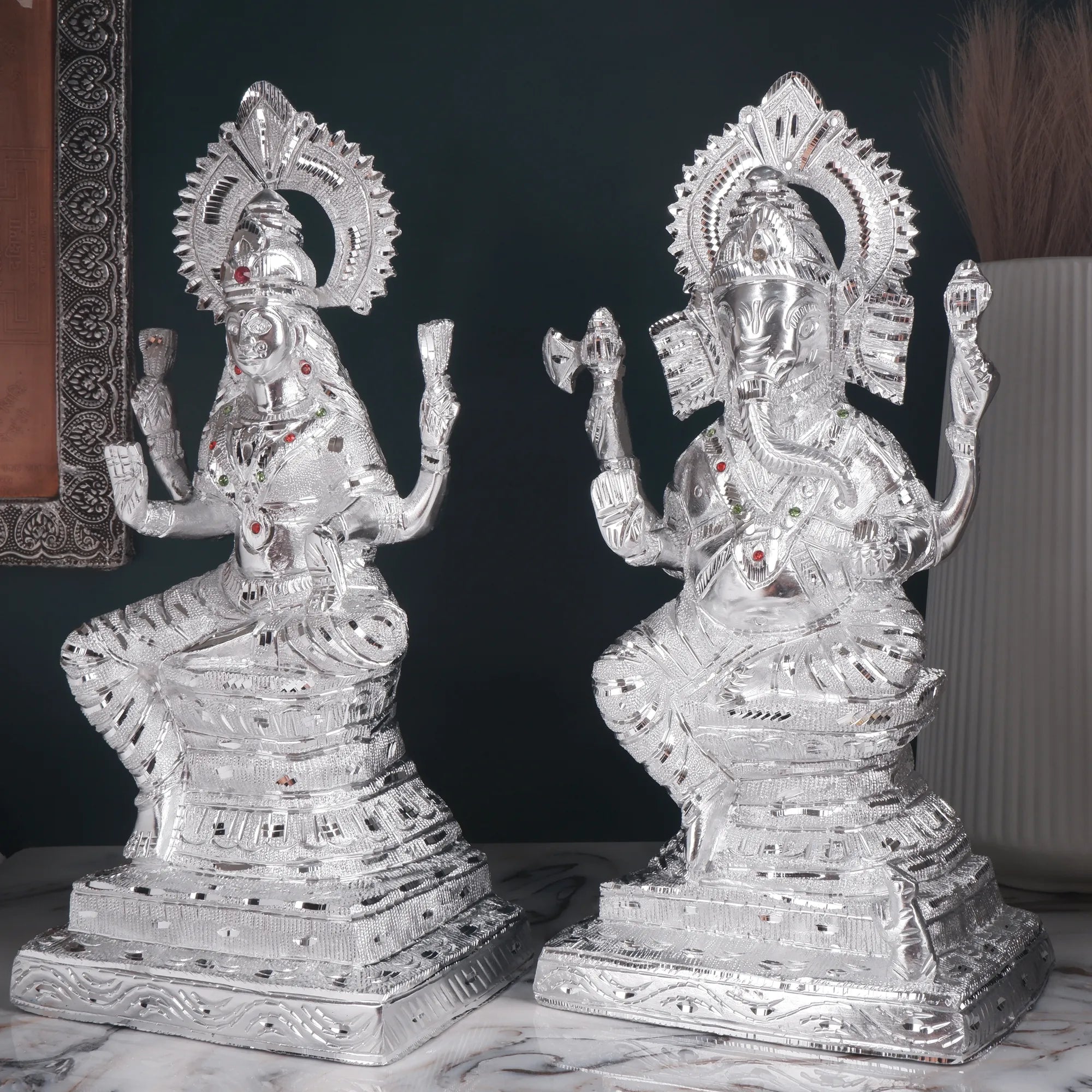 White Metal Lakshmi Ganesh Idol (14.9 Inch)