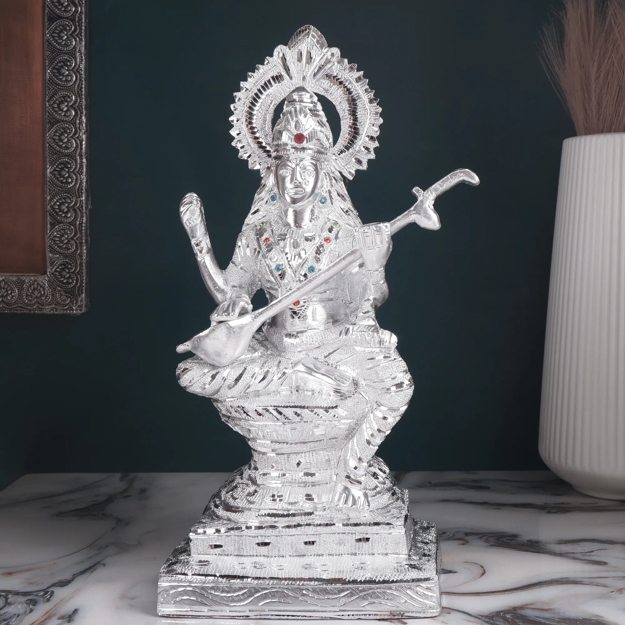 White Metal Saraswati Idol (14.5 Inch)