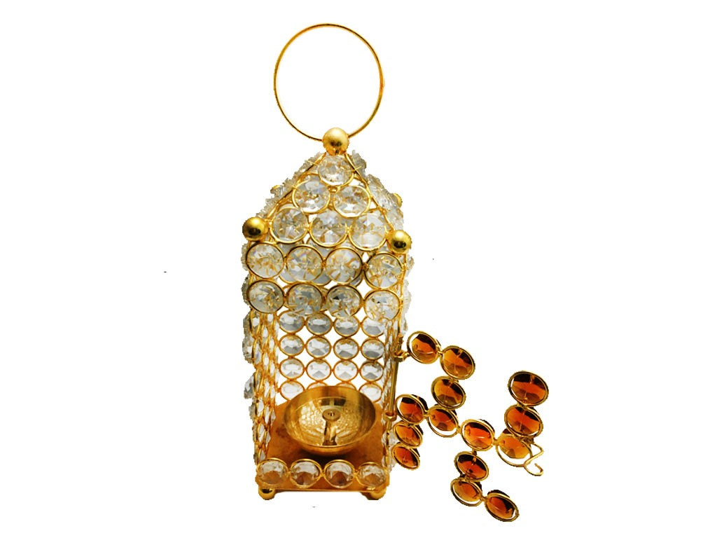 Hanging Crystal Lantern Brass Diya (9.4 Inch)