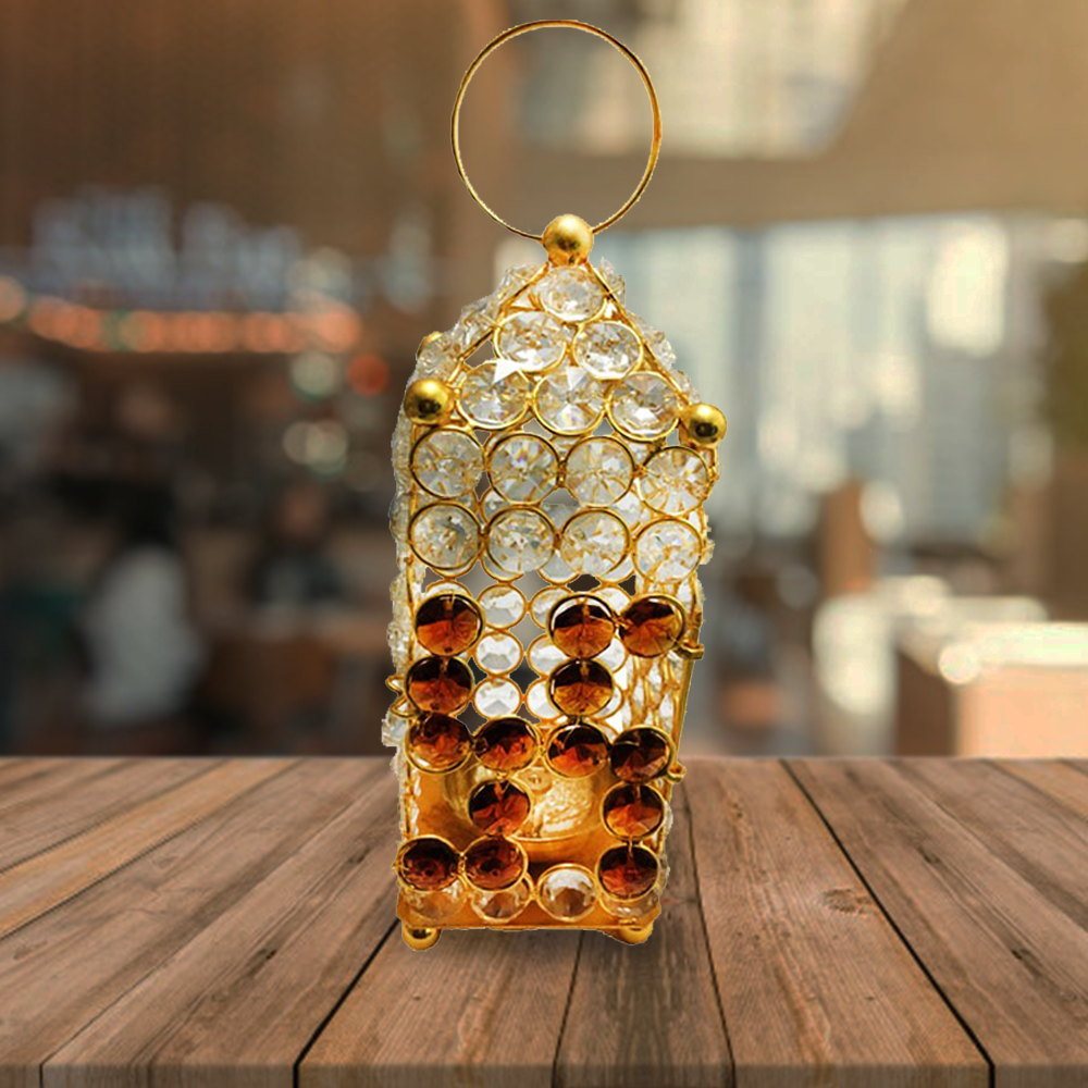 Hanging Crystal Lantern Brass Diya (9.4 Inch)