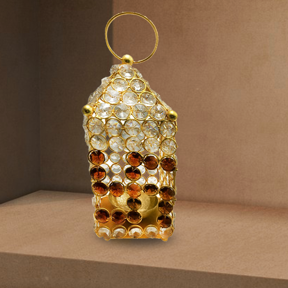 Hanging Crystal Lantern Brass Diya (9.8 Inch)