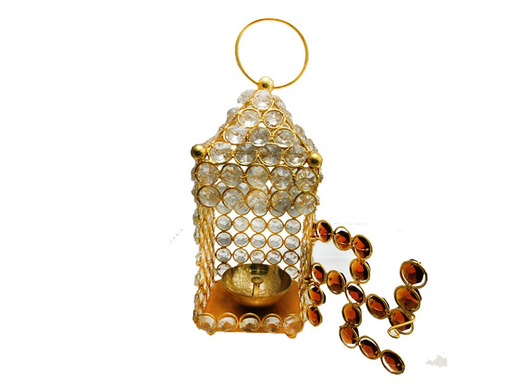 Hanging Crystal Lantern Brass Diya (9.8 Inch)