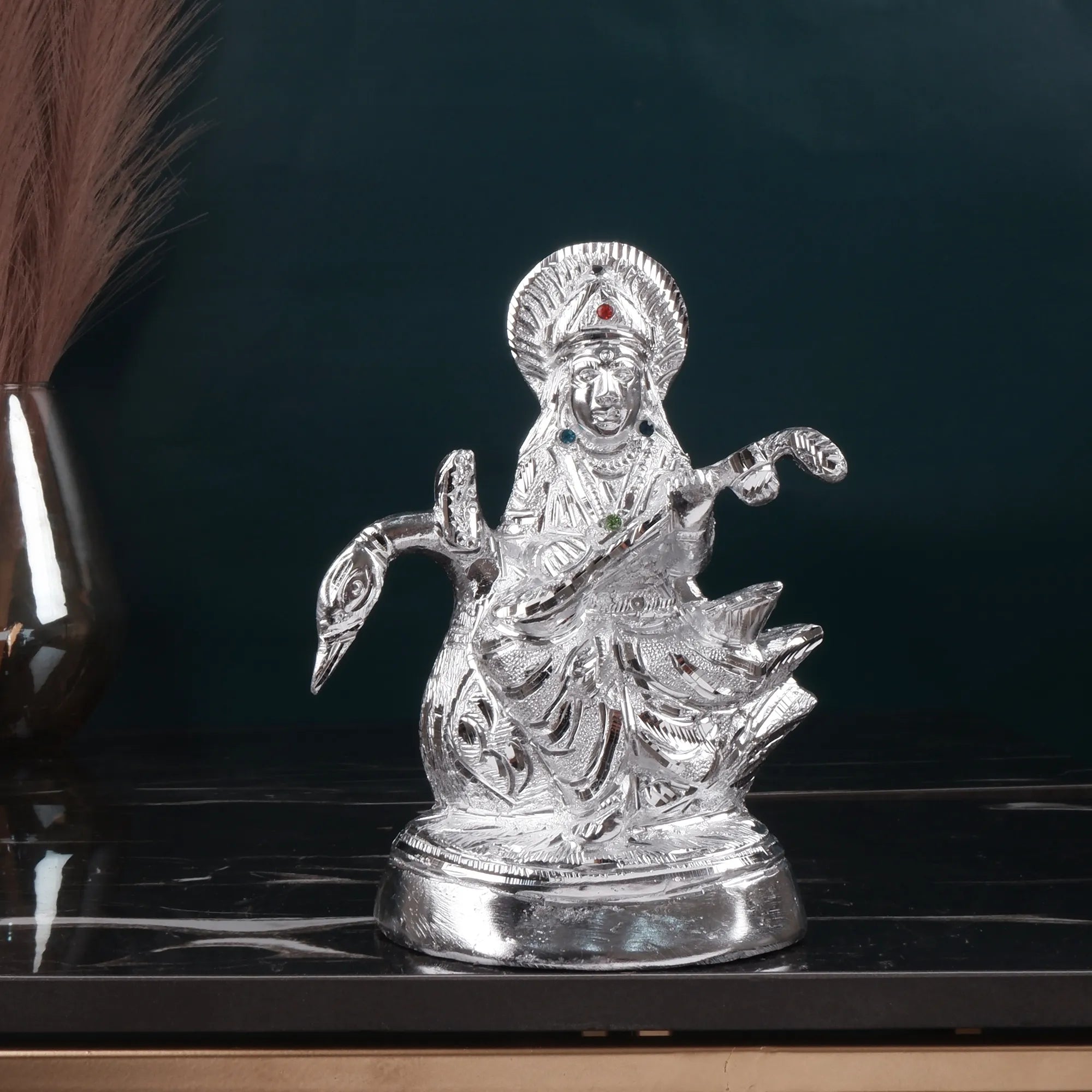 White Metal Saraswati Idol (7.4 Inch)