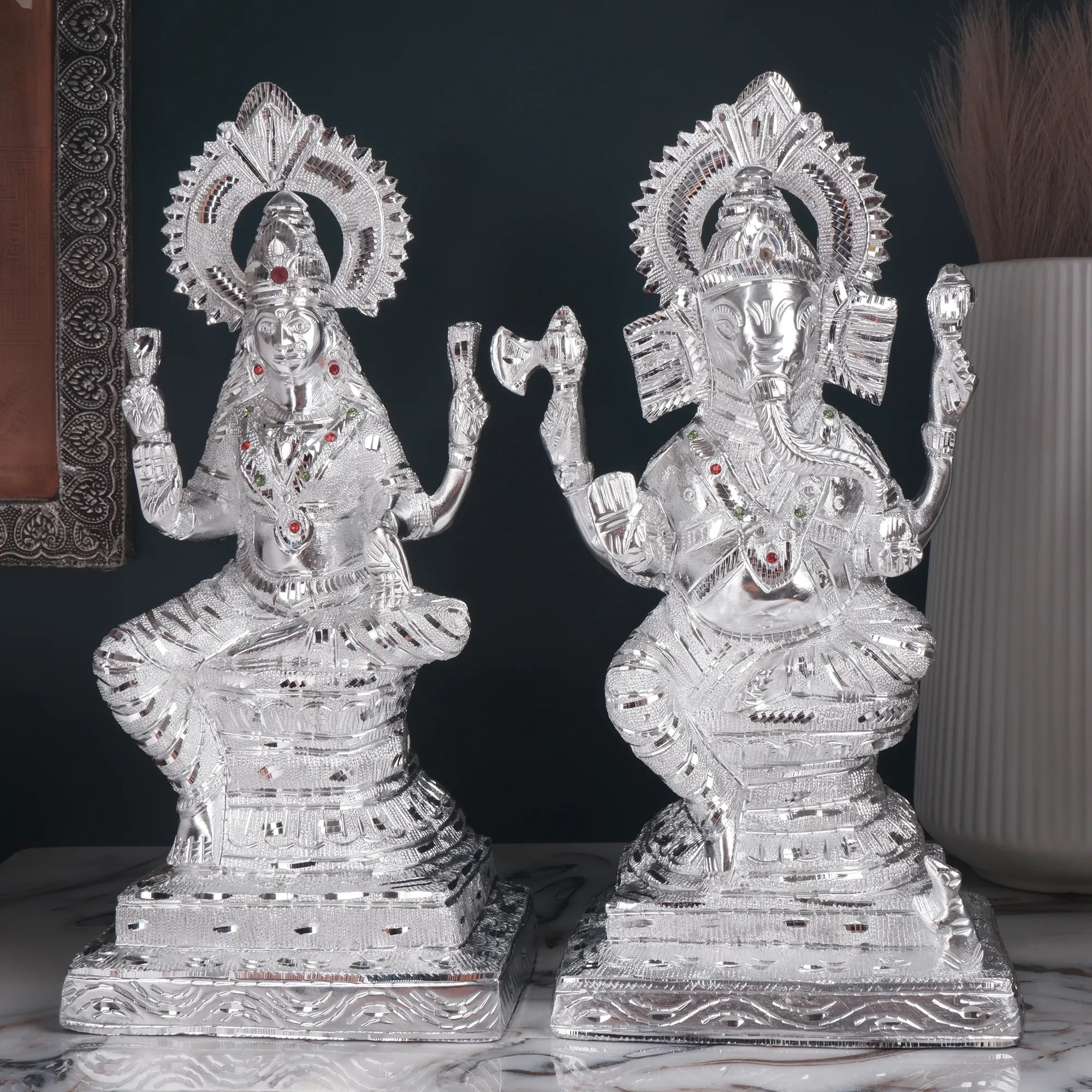 White Metal Lakshmi Ganesh Idol (14.9 Inch)