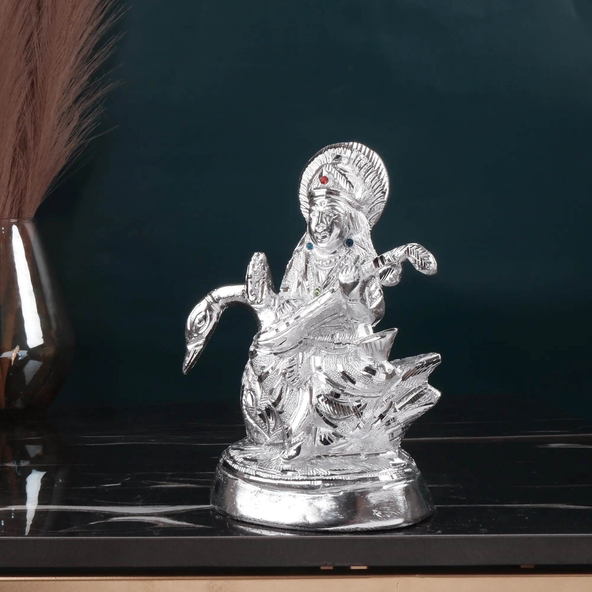 White Metal Saraswati Idol (7.4 Inch)